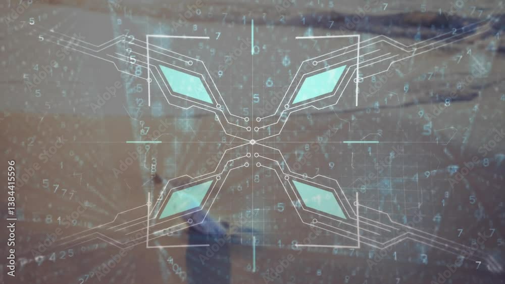 Poster animation of futuristic digital interface with geometric patterns in school setting