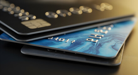 Stack of Black and Blue Credit Cards in Macro Shot on Black Surface for Financial Services