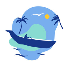 Boat excursion in tropical waters with palm trees and sun  