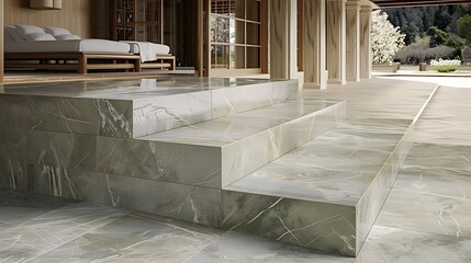 Elegant stone steps lead to a luxurious outdoor living space