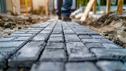 Worker lays interlocking pavement stones creating a new pathway forward
