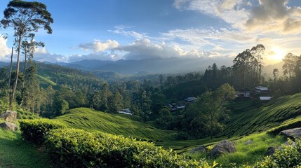 Scenic Tea Plantation Valley at Sunrise with Rolling Hills and Lush Greenery