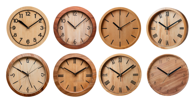 Assorted Wooden Wall Clocks in Various Designs and Styles, isolated on transparent background