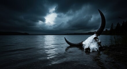 Obraz premium A haunting bull skull partially submerged in a dark lake under a stormy sky, evoking mystery - steer skull | cow skull