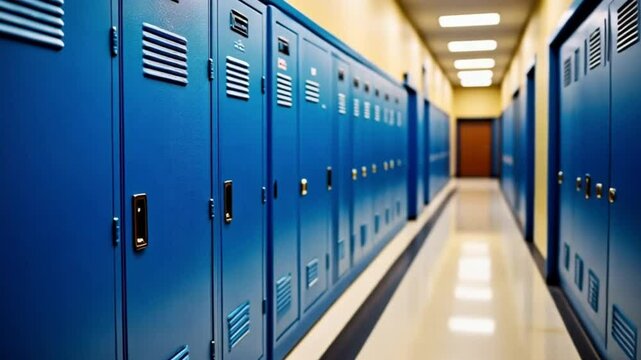 School Lockers - Empty School Hallway with Rows of Bright Blue Lockers