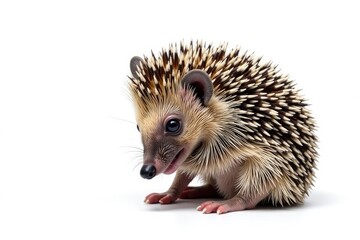 Obraz premium Tiny hedgehog, curled in defense, isolated on pure white background, graphic, small animal, pattern