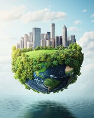 A floating earth globe combining nature and urban skyscrapers harmoniously