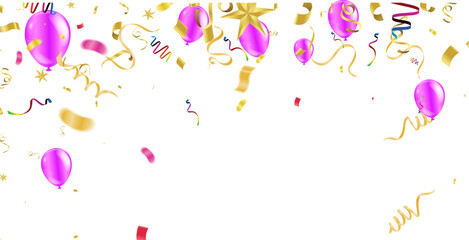 Background with Pink purple balloons and paper confetti. Vector celebration illustration