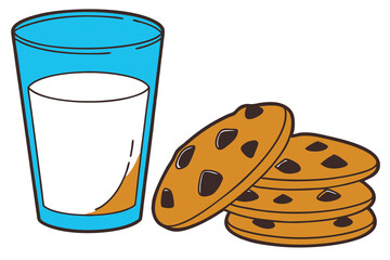Fresh white milk in a glass with sweet chocolate chip cookies is a delicious snack