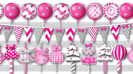 Decorated party elements include balloons pennants and whimsical confectionery treats