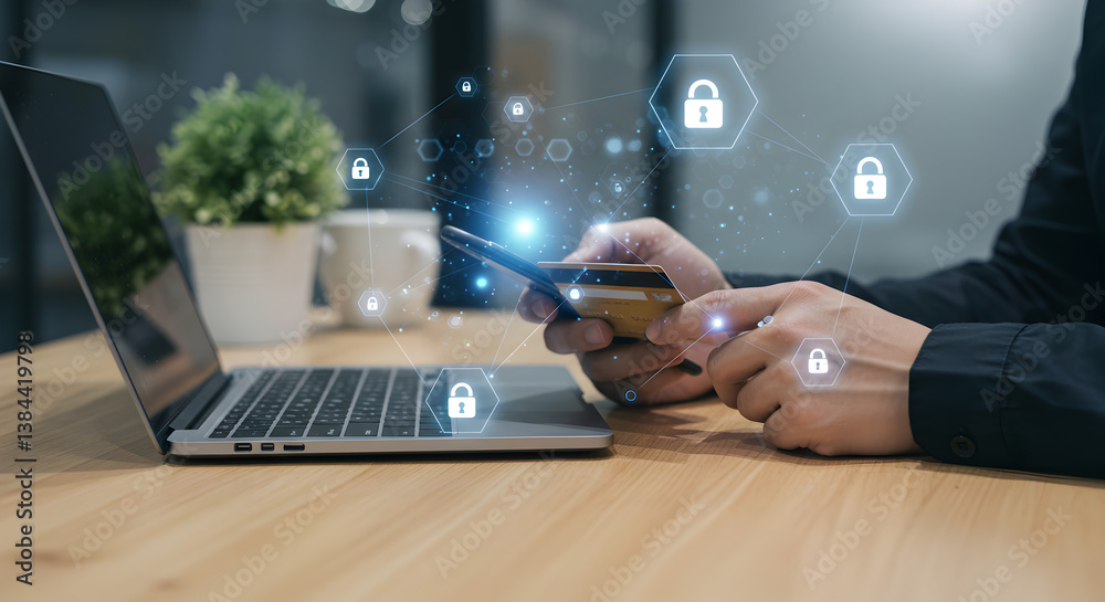 Poster man securing online transactions with mobile and credit card using cybersecurity technology in moder