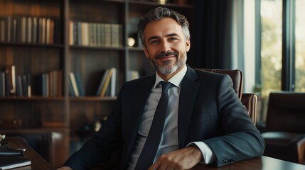 Fototapeta premium A professional portrait of a mid-aged man sitting confidently at his office desk, dressed in a tailored suit and tie