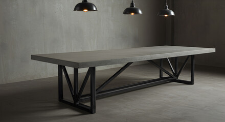 Industrial Dining Area with Black Steel Frames and Concrete Table