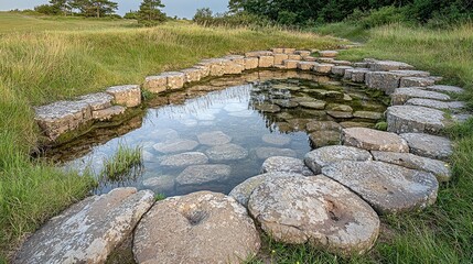 Naklejka premium Serene Stone Pool: A captivating landscape of ancient stones forming a tranquil pool, reflecting the serene beauty of nature. Explore the historical significance 