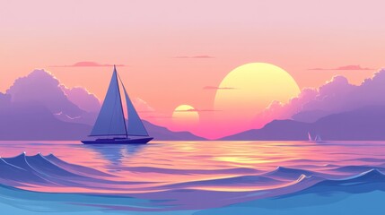 Fototapeta premium Dreamy Voyage: A Serene Sailboat Scene at Sunset on a Calm Ocean