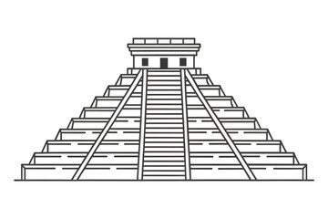 A single black ink line-art drawing of Chichén Itzá, minimalist design with transparent background, PNG format for elegant and modern visual appeal

