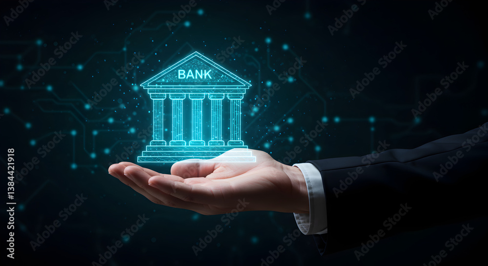 Poster holographic bank building displayed on open palm against dark background with digital network