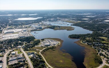Fototapeta premium Aerial View Coastal City Waterways Residential