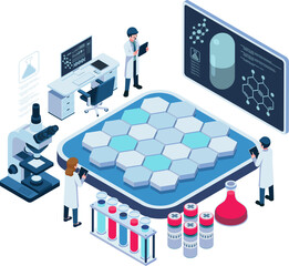 Isometric Scientists in Drug Discovery Lab with Advanced Equipment