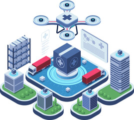Isometric Medical Drone in Futuristic Healthcare Logistics