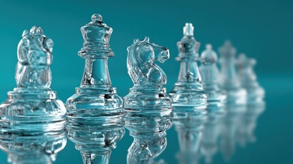 A chess game in progress with pieces strategically placed and a reflection adding depth to the intense competition