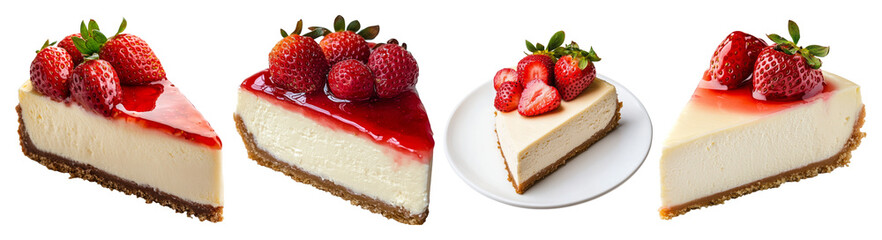 Delicious Slices of Cheesecake with Fresh Strawberries and Sauce, PNG bundle collection, Isolated on Transparent Background