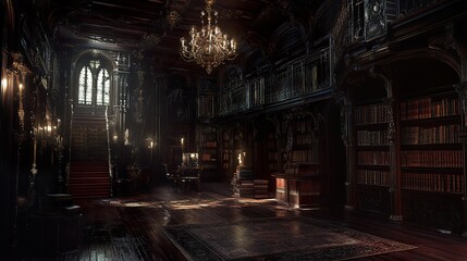 Dark and Grand Library Interior: Gothic Architecture and Vintage Bookshelves