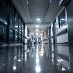 Long hospital hallway featuring a large clock on the wall and bright lighting creating a clean and inviting atmosphere