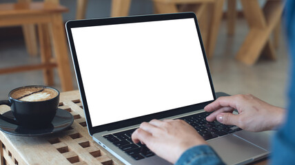 Laptop computer blank screen mockup. Woman working on laptop with empty screen for advertising,...