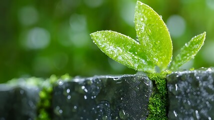 Dew kissed sprout on stone wall