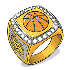 Design a bold, vector illustration of a championship ring, emphasizing strong lines and impactful visuals.  Include intricate details.