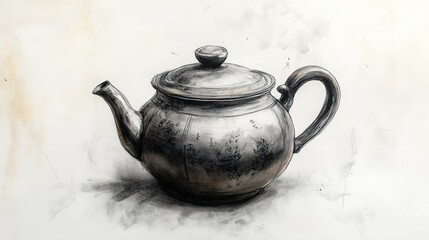 Detailed Charcoal Drawing of a Teapot on Textured Paper