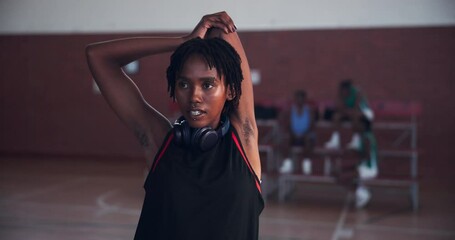 Stretching, athlete and sports with black woman on basketball court for competition game, training and fitness. Workout, warm up and muscle with person in gym for challenge, exercise and wellness - Powered by Adobe
