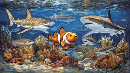 Fototapeta premium Sharks and Clownfish in Coral Reef