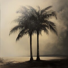 Twin Palm Trees on a Tropical Beach at Sunset