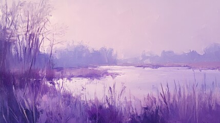 A dreamy landscape painting featuring water and surrounding trees
