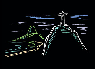 Aerial landscape illustration of the city of Rio de Janeiro, Brazil. Art in free and stylized lines.