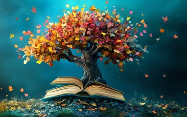 tree with books as leaves, representing literacy and education, International Literacy Day concept, books growing like leaves, vibrant colors, hightech illustration, 8K resolution