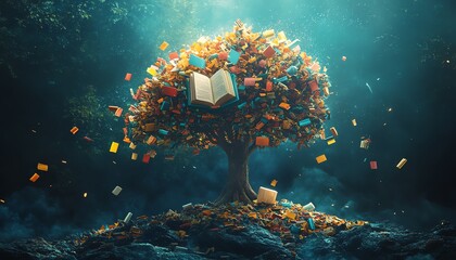 tree with books as leaves, representing literacy and education, International Literacy Day concept, books growing like leaves, vibrant colors, hightech illustration, 8K resolution