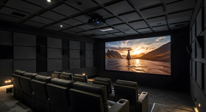 Elegant Home Theater Room Setup Featuring 4K Projector And Acoustic Treatment