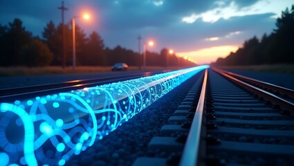 Obraz premium Nighttime Pipeline Transport: Digital Overlay on Energy Infrastructure