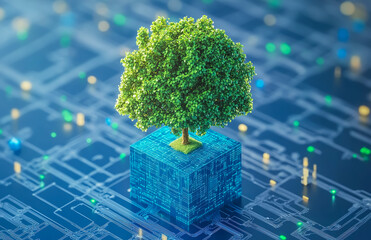 Futuristic Green Tree Evolving on a Blue Cube Amidst Circuitry