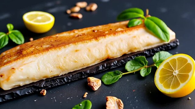 Fish fillet - Fresh raw cod fillet with herbs and lemon slices on black stone background