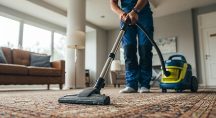 Fototapeta premium Person vacuuming carpet in modern living room 