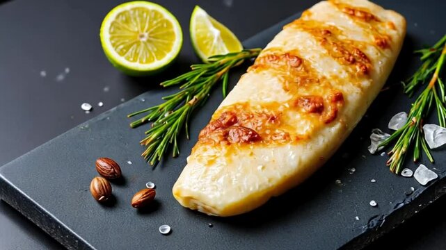 Fish fillet - Fresh raw cod fillet with herbs and lemon slices on black stone background