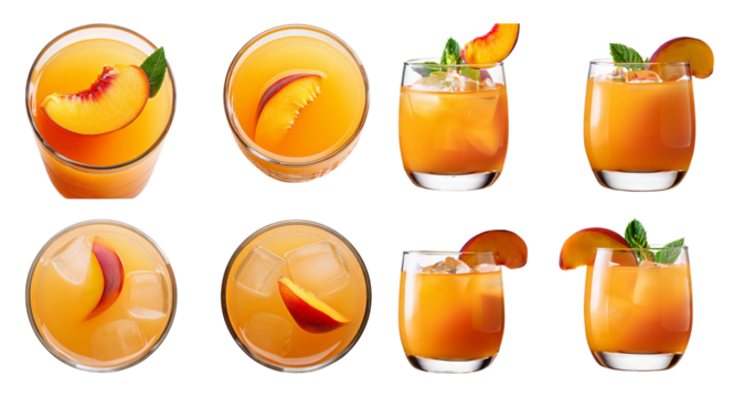 Refreshing Peach Cocktails in Various Glasses with Garnishes, Bundle Set Collection, Isolated on Transparent Background