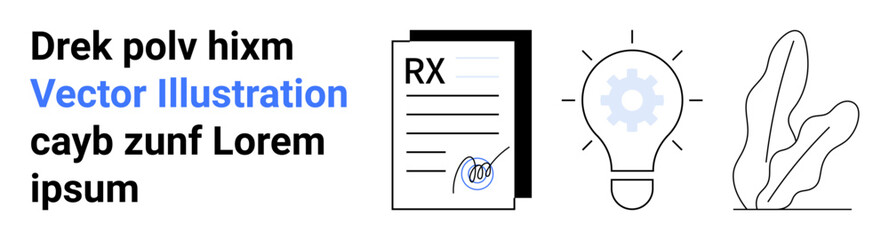 Document with signature, gear inside light bulb, and abstract plant. Ideal for healthcare, innovation, design, education, creativity, eco themes simple landing page