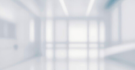 Premium blurred office room photo for banner and poster purposes. Unfocused modern office, highlighting spaciousness and simplicity.