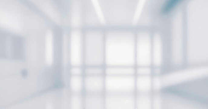 Premium blurred office room photo for banner and poster purposes. Unfocused modern office, highlighting spaciousness and simplicity.