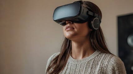 Woman wearing virtual reality glasses, VR headset